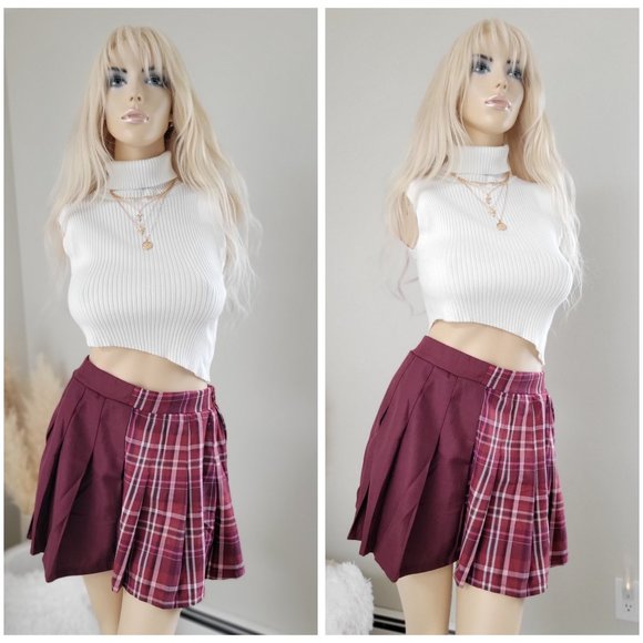NWT Burgrundy and pink plaid pleated y2k style school girl mini skirt. - Picture 3 of 10